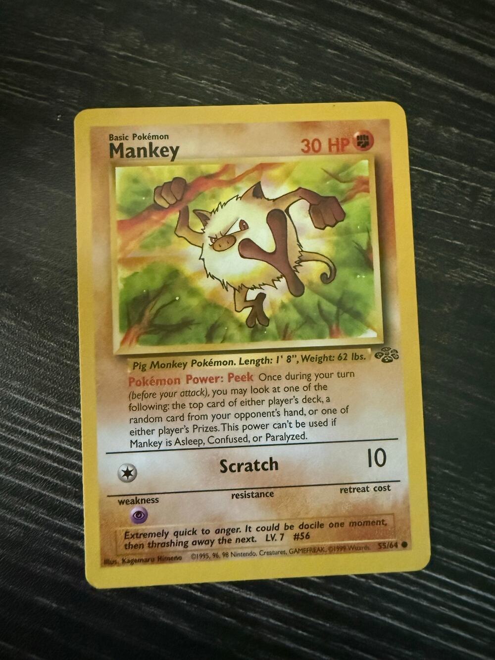 Vintage 1999 Pokémon Card Mankey 55/64 Jungle Set Unlimited WOTC Common
